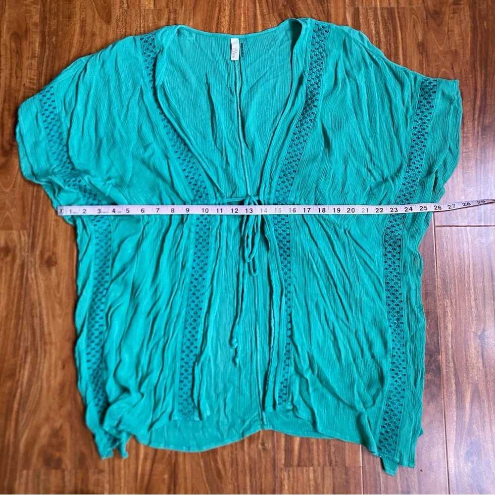 Elan Women’s Green Gauzy Rayon Crochet Tie Front Kimono Size XS Beach Tropical